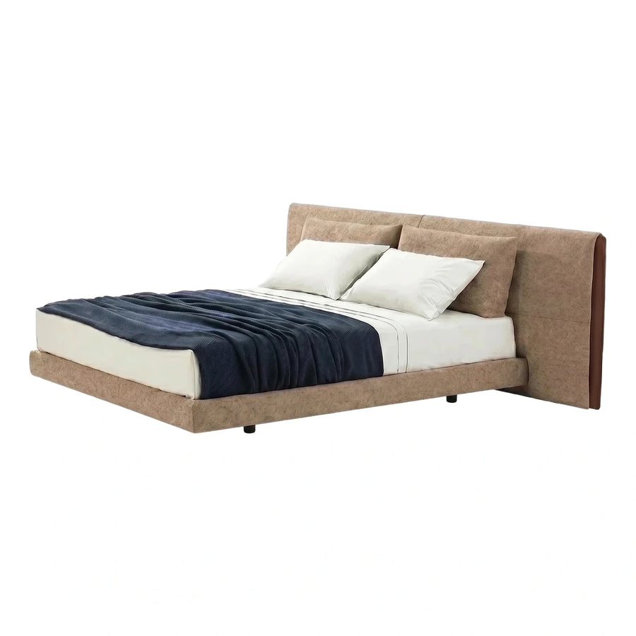 Modern Beige Upholstered Platform Bed With Wide Headboard