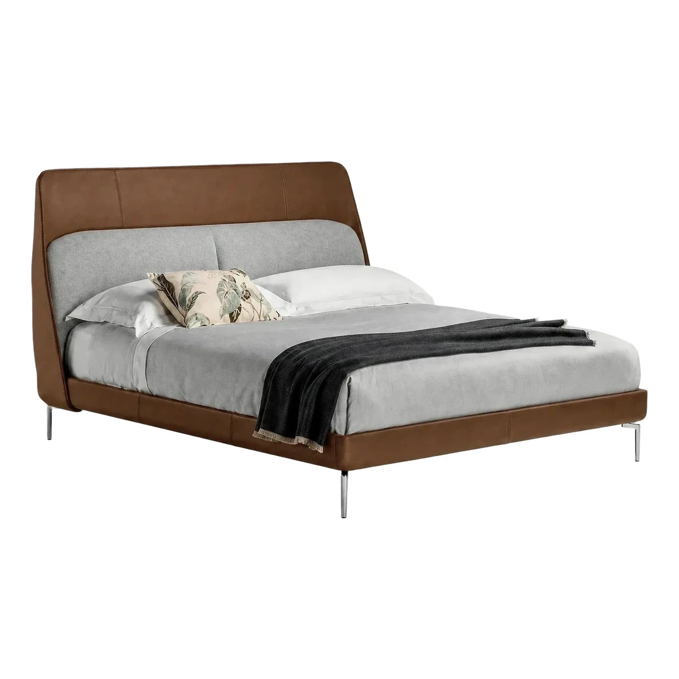 Modern Brown Leather and Grey Fabric Upholstered Bed
