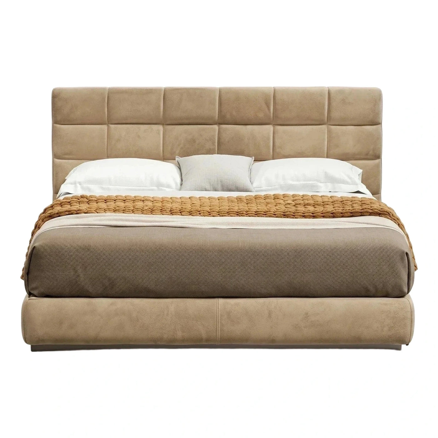 Beige Upholstered Platform Bed with Square Tufted Headboard