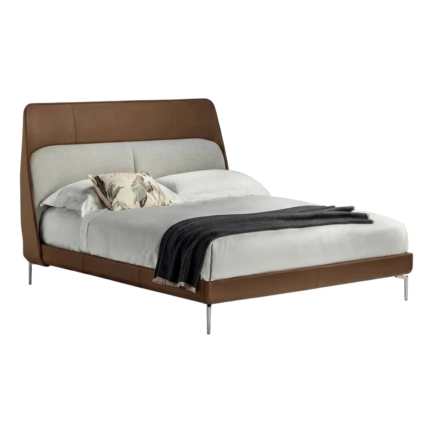 Contemporary Brown Leather and Grey Fabric Platform Bed