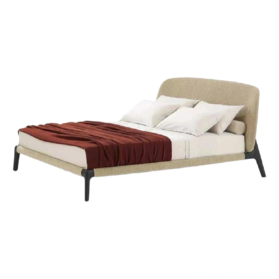 Beige Upholstered Bed with Curved Headboard and Dark Legs