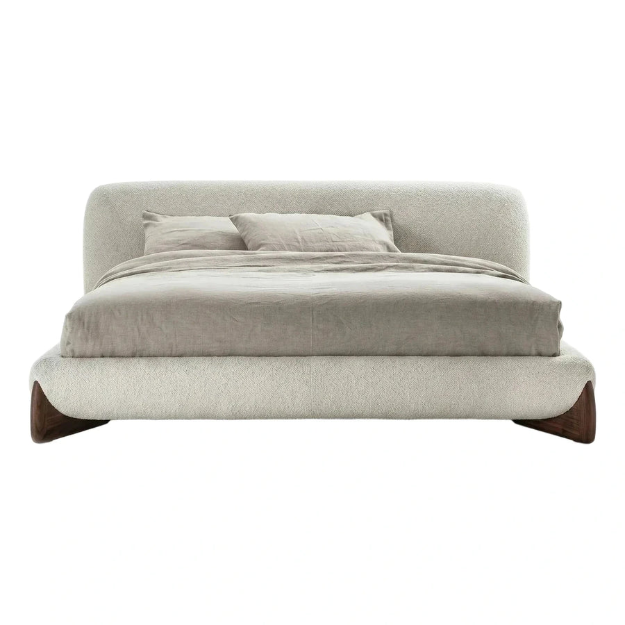 Cream Boucle Upholstered Platform Bed with Wood Legs