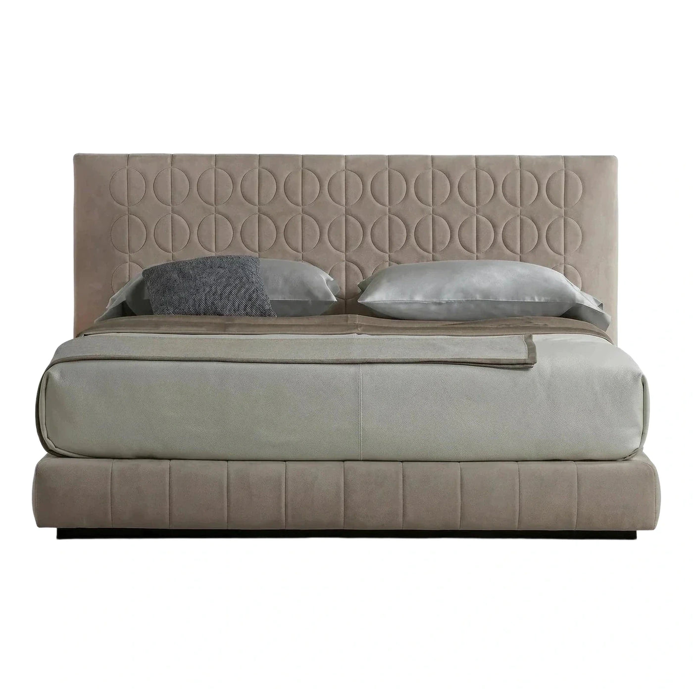 Beige Upholstered Platform Bed with Geometric Headboard