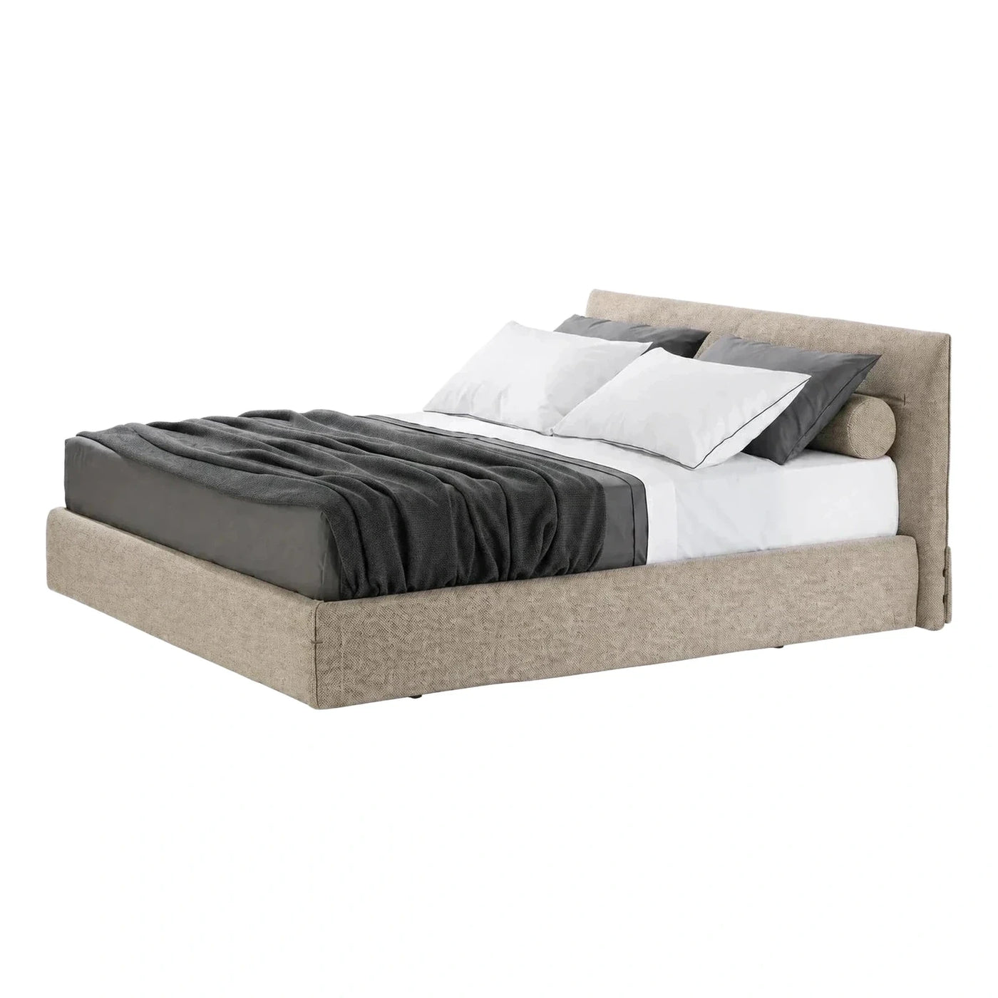 Beige Upholstered Platform Bed with Bolster Headboard
