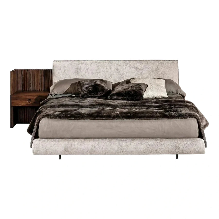 Modern Cream Upholstered Bed with Fluted Wood Nightstands