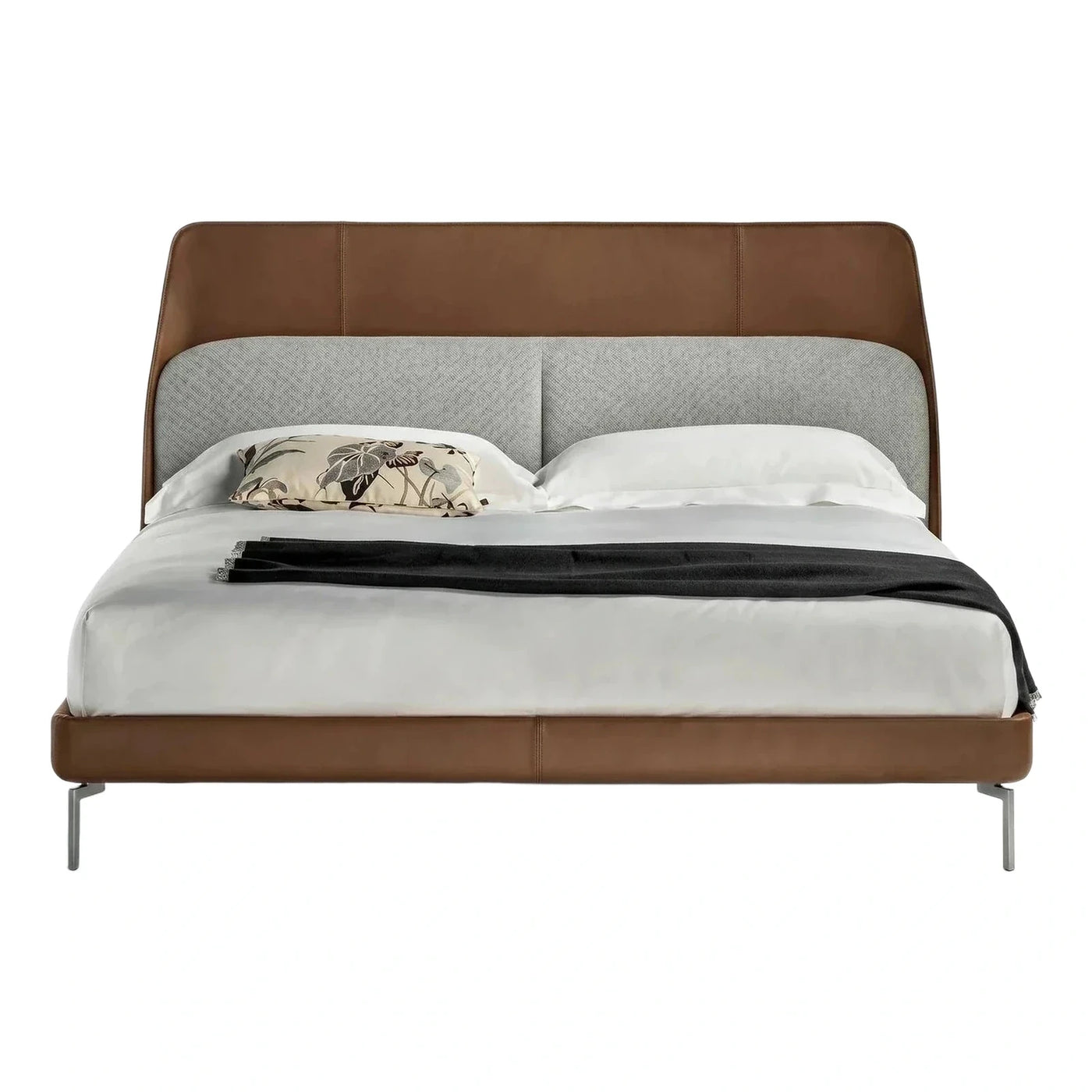 Modern Brown Leather and Grey Fabric Platform Bed