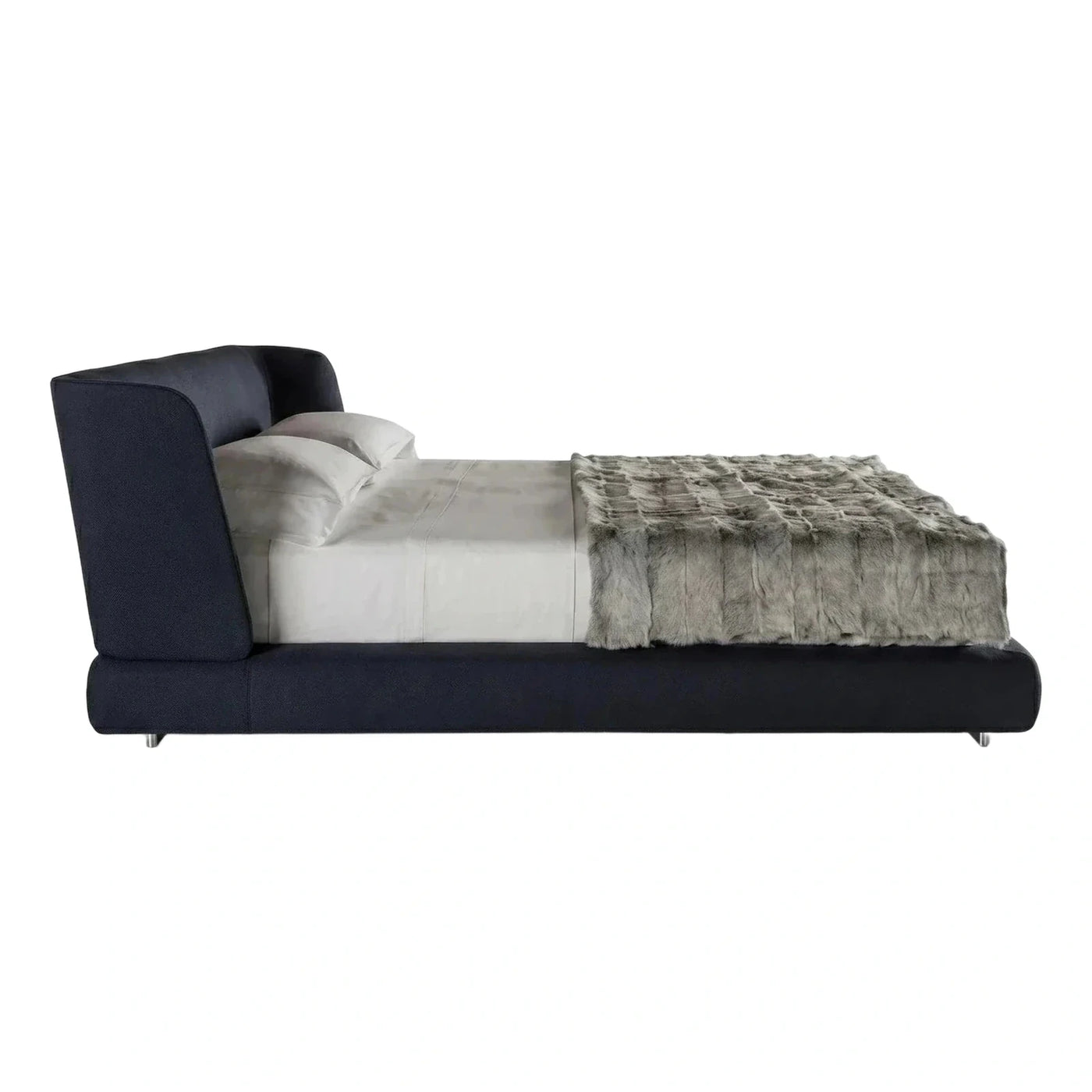 Dark Blue Upholstered Platform Bed Curved Headboard