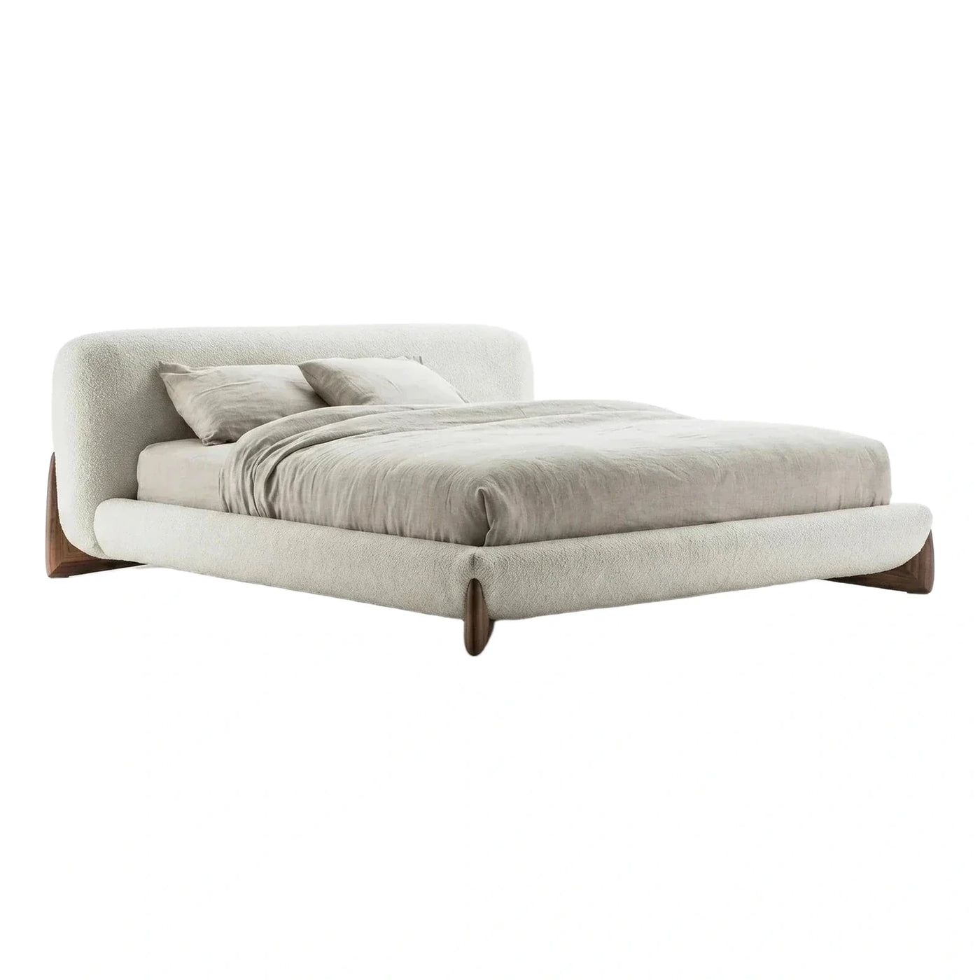Cream Boucle Rounded Platform Bed with Wood Legs