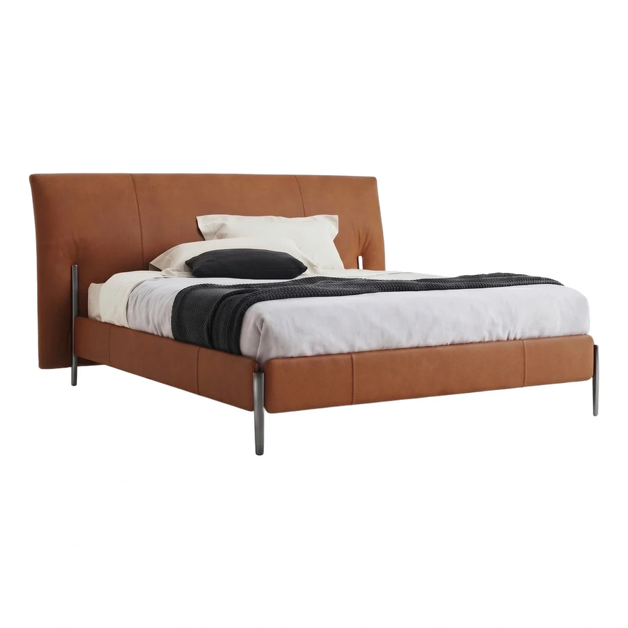 Modern Brown Leather Upholstered Platform Bed Frame