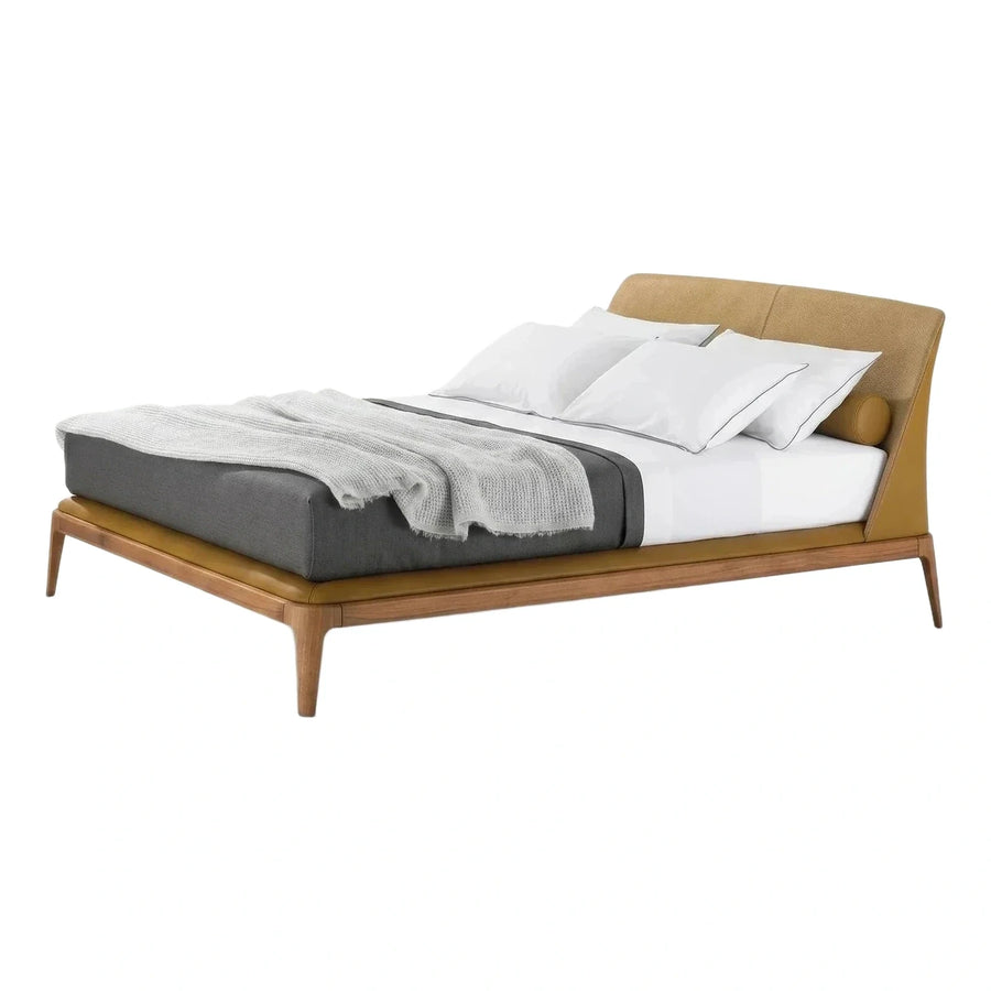 Modern Tan Leather Platform Bed with Wooden Base