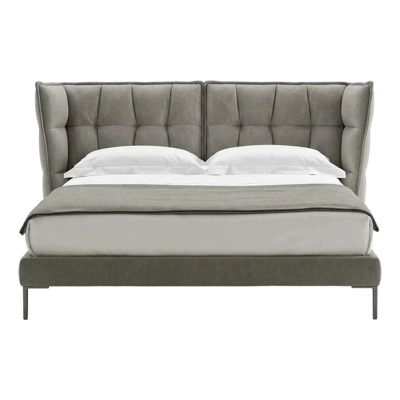 Grey Upholstered Wingback Platform Bed with Tufted Headboard