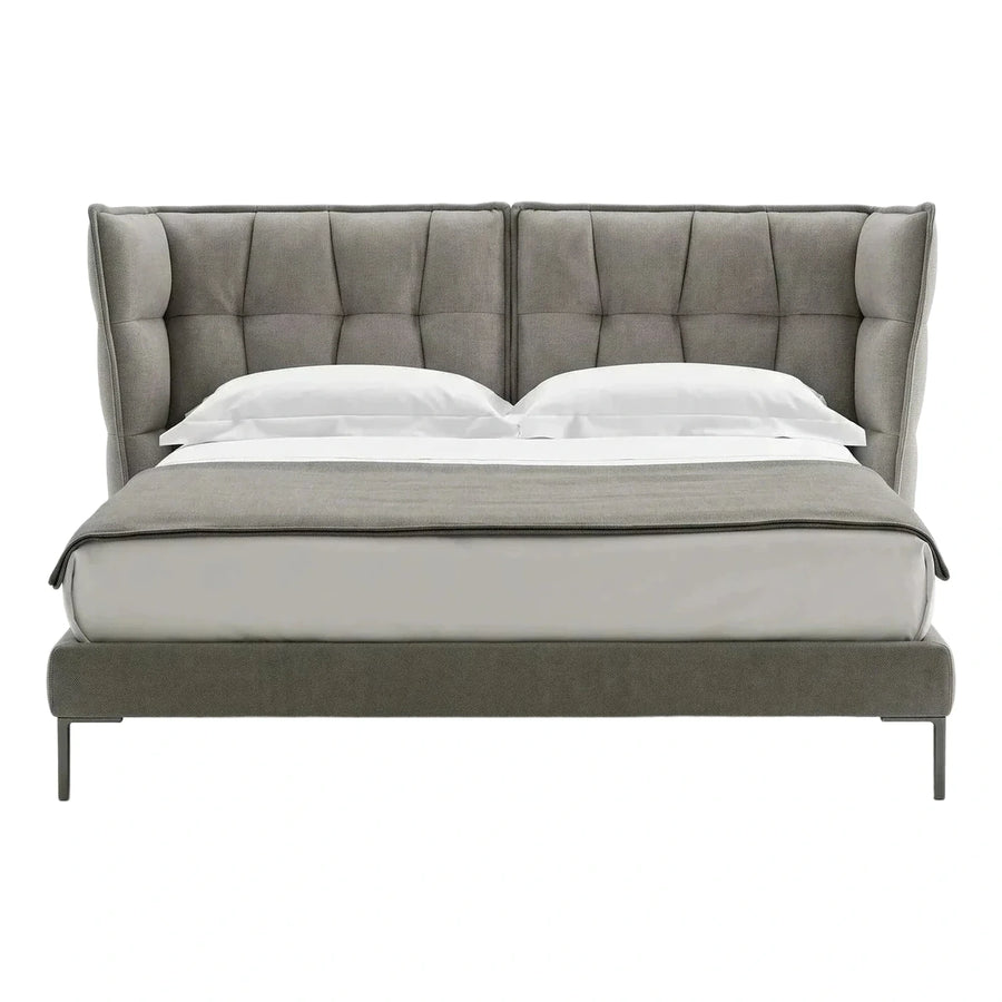 Grey Upholstered Wingback Platform Bed with Tufted Headboard