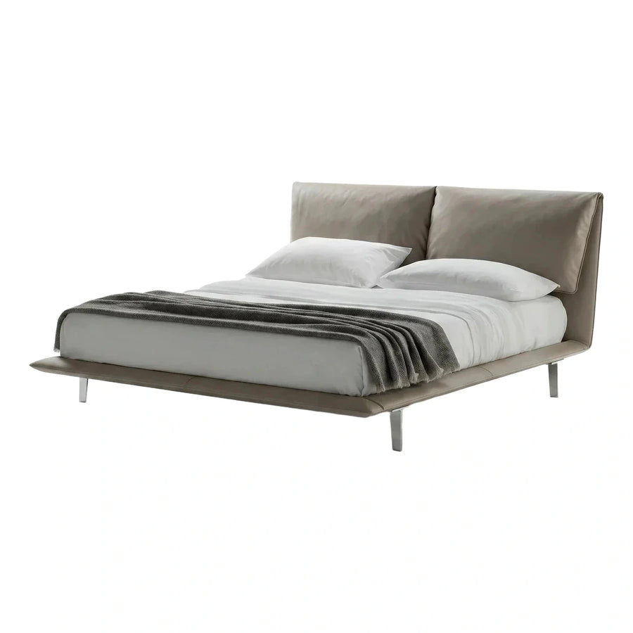Modern Taupe Leather Platform Bed with Split Headboard
