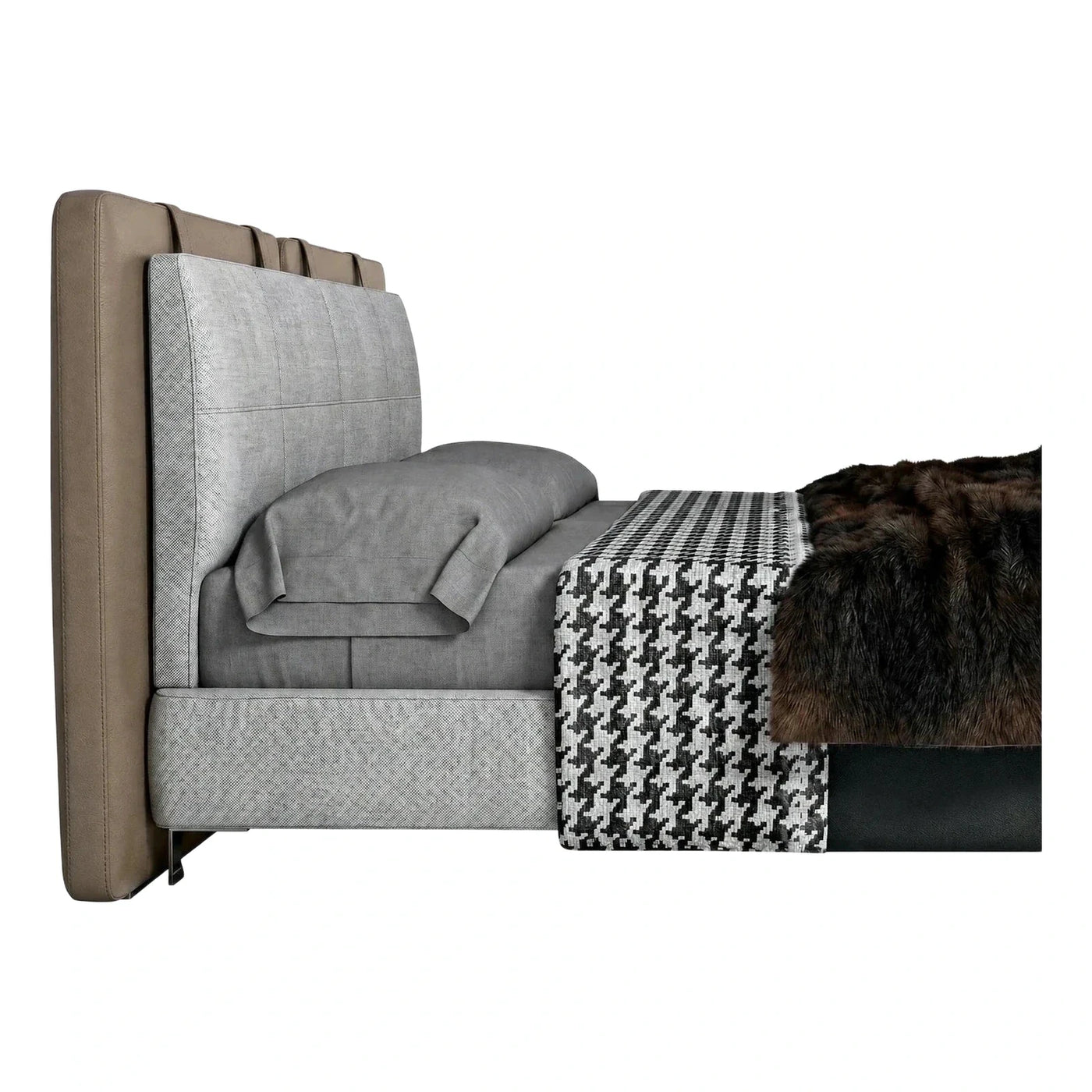 Modern Grey Upholstered Platform Bed with Leather Headboard