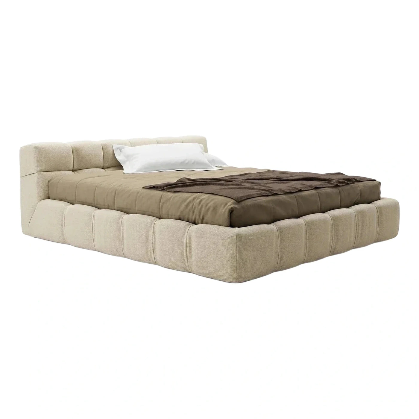Cream Textured Upholstered Platform Bed with Channel Tufting