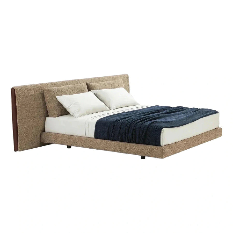 Beige Boucle Upholstered Platform Bed with Wide Headboard