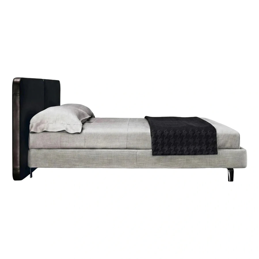 Modern Black Leather Headboard Grey Fabric Platform Bed