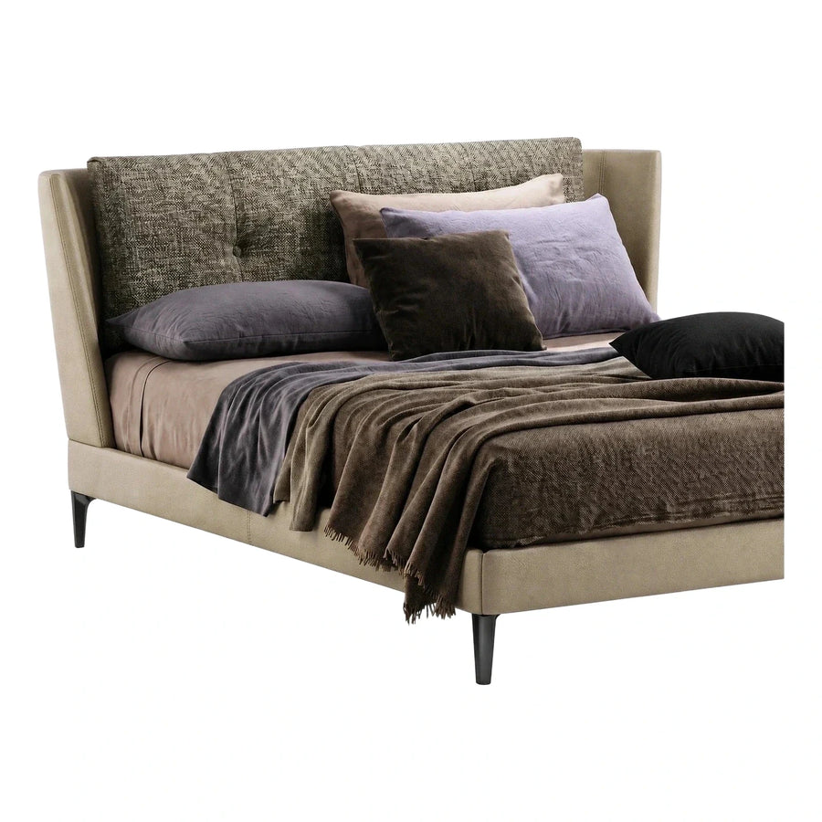 Modern Beige Leather Bed with Textured Fabric Headboard