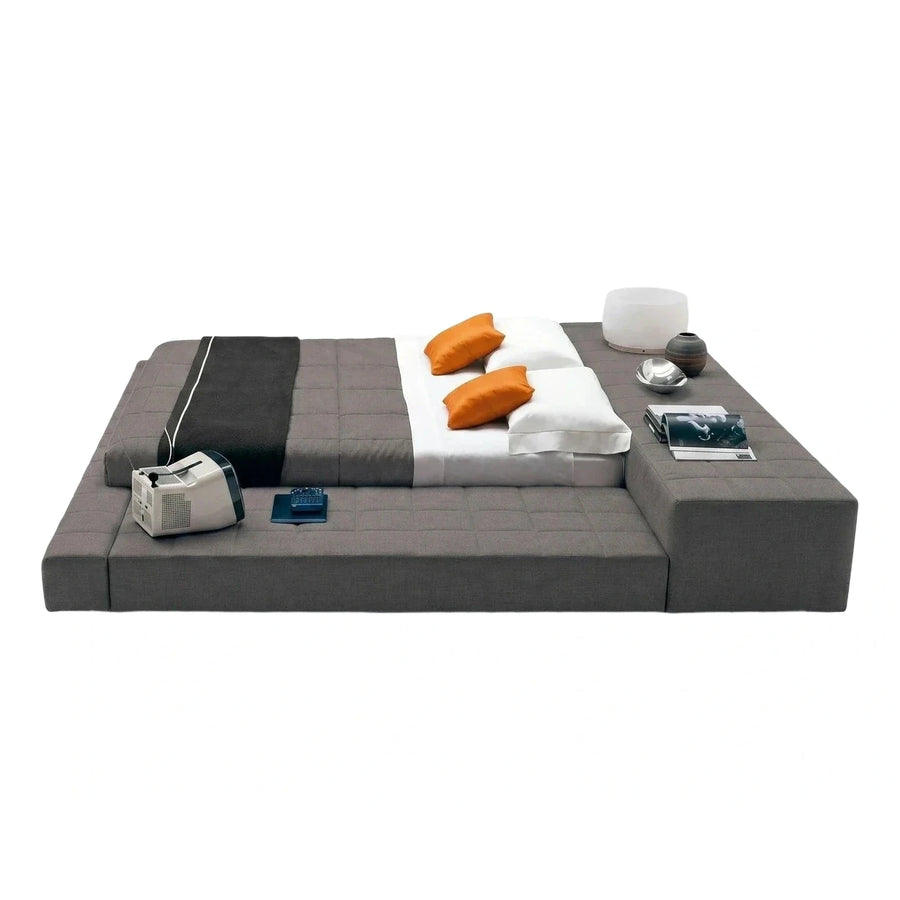 Modern Grey Tufted Platform Bed with Integrated Side Table