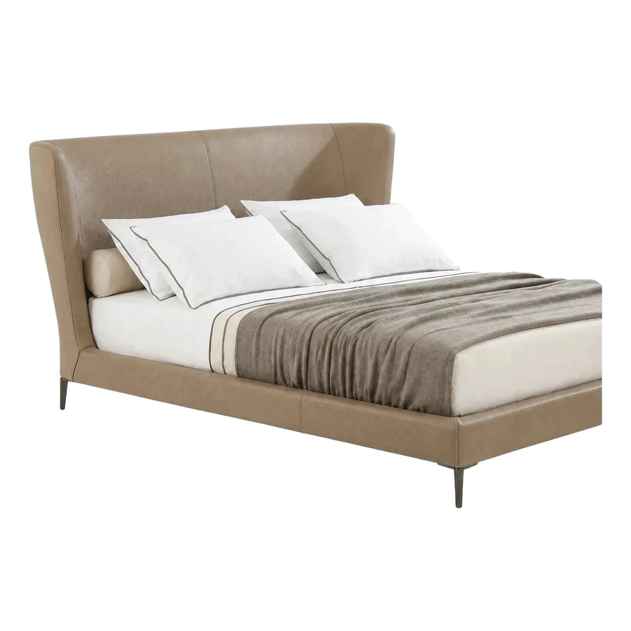 Modern Taupe Leather Platform Bed with Metal Legs