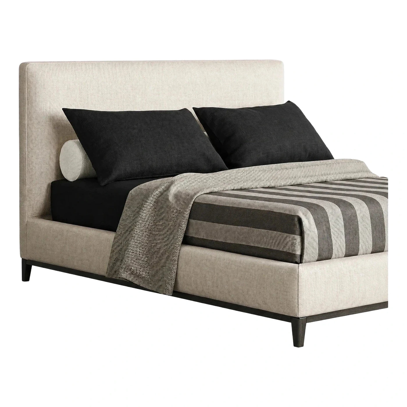Modern Cream Upholstered Bed with Dark Wood Legs