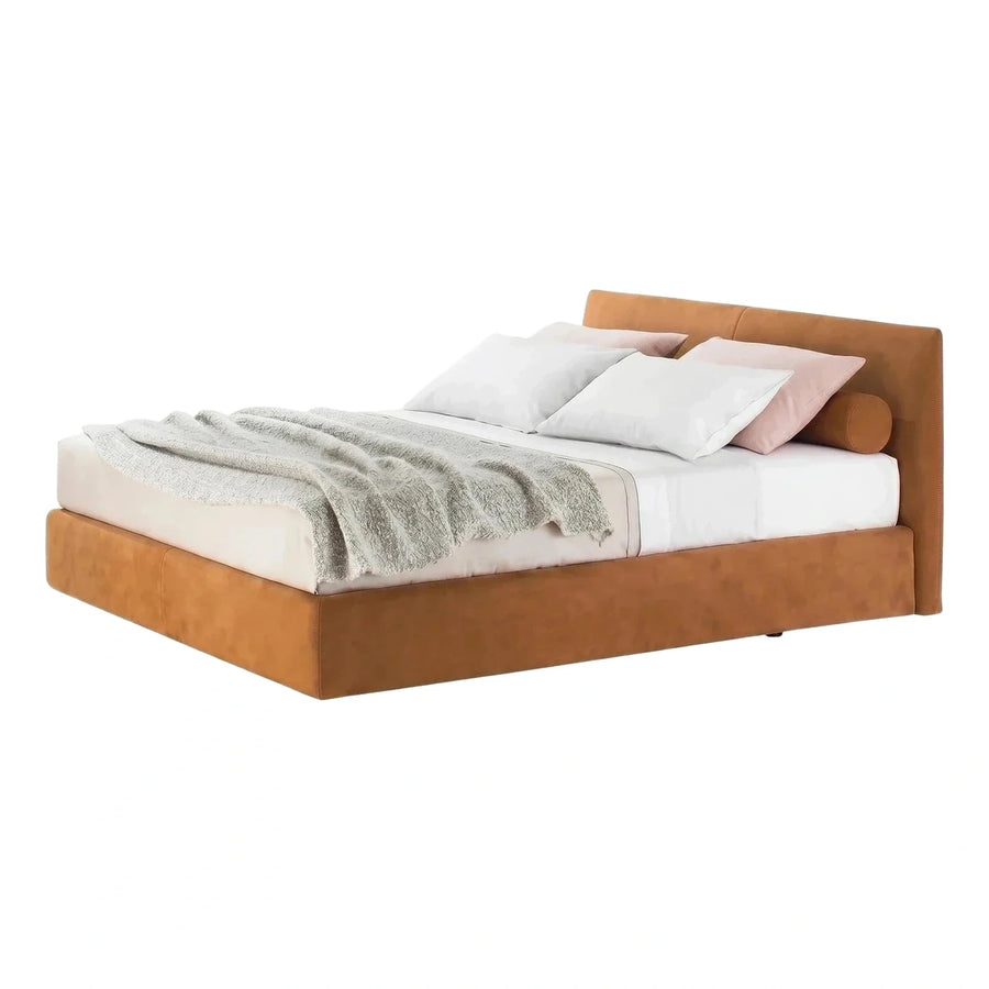 Modern Tan Leather Platform Bed with Bolster Headboard