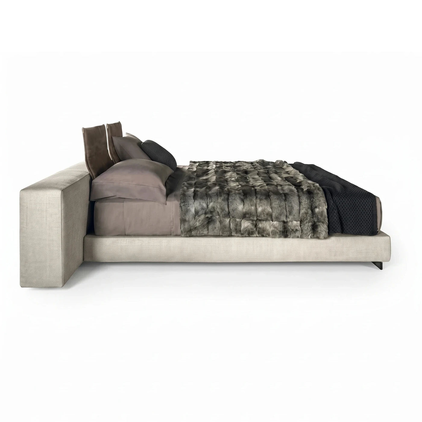 Modern Beige Upholstered Bed with Leather Headboard