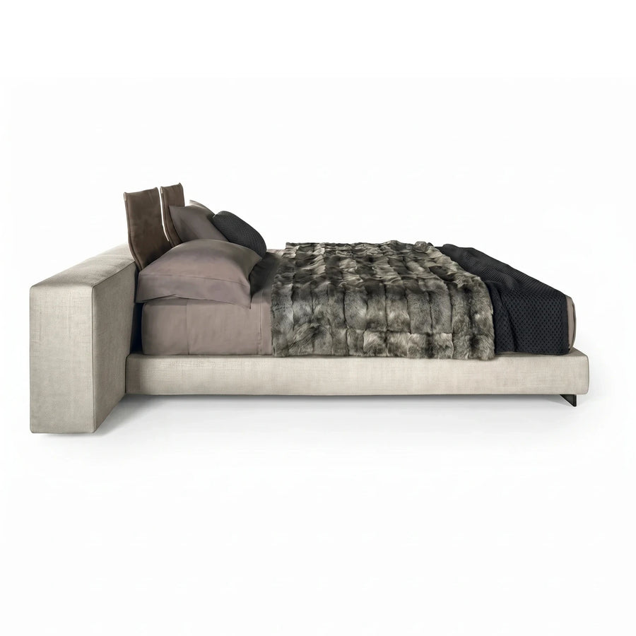 Modern Beige Upholstered Bed with Leather Headboard