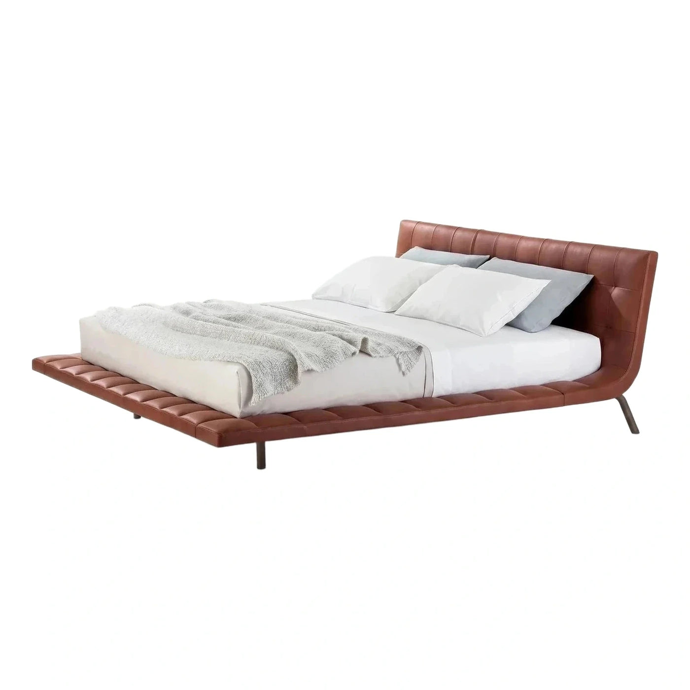 Modern Brown Leather Platform Bed with Tufted Headboard