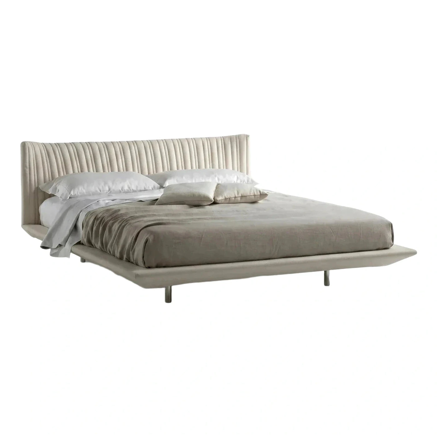 Beige Upholstered Platform Bed with Channel Tufted Headboard