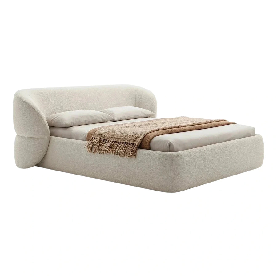 Cream Boucle Curved Platform Bed with Wrap Headboard