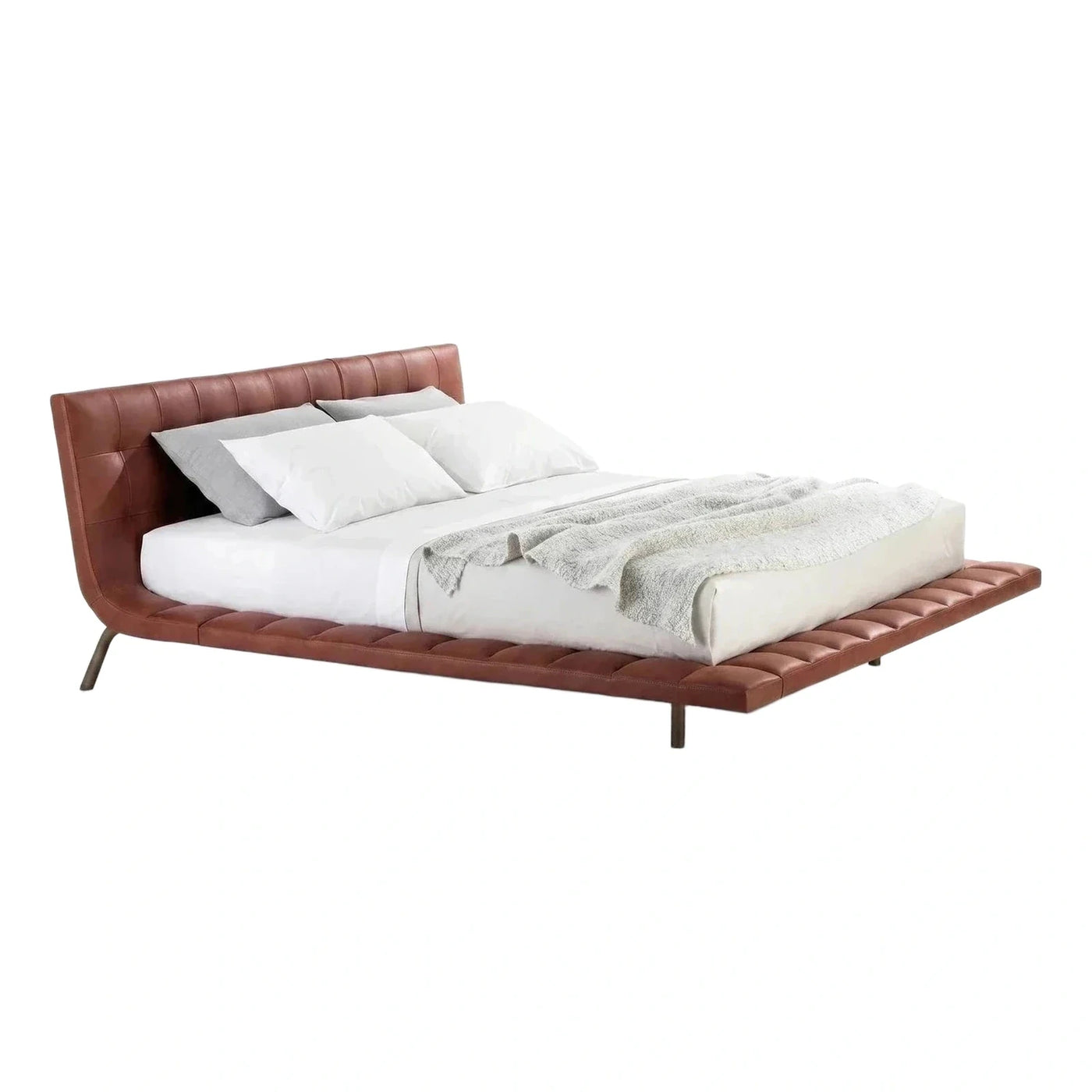 Curved Brown Leather Platform Bed with Metal Legs