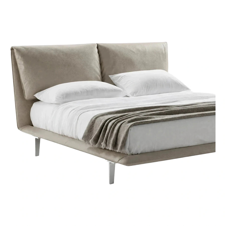 Modern Beige Leather Platform Bed with Split Headboard