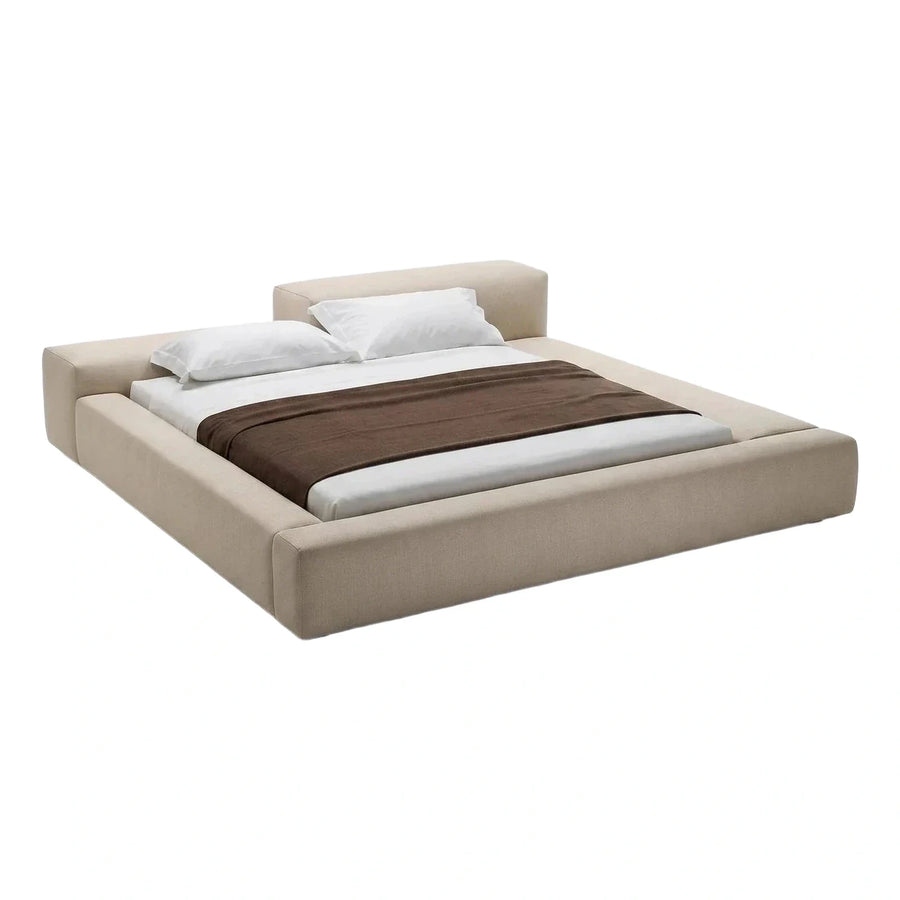 Modern Beige Upholstered Platform Bed with Padded Frame