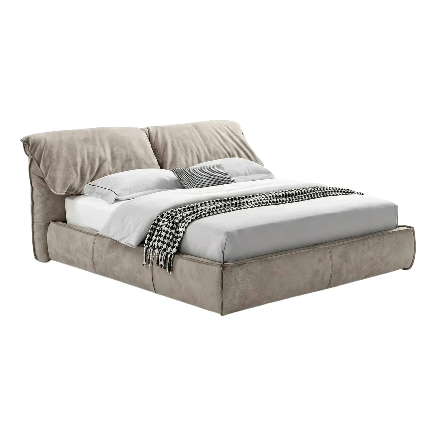 Modern Beige Upholstered Platform Bed with Cushioned Headboard