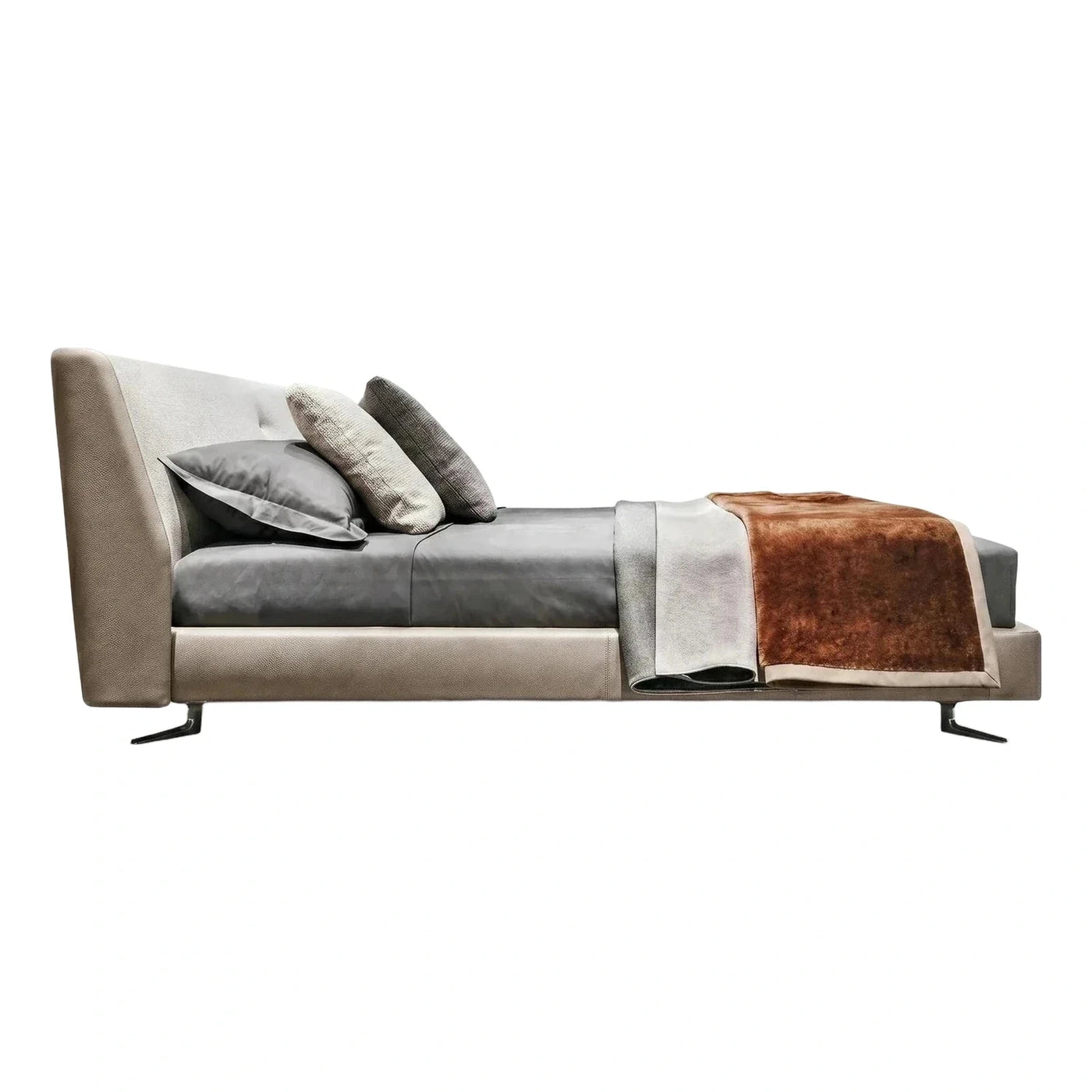 Modern Beige Leather Bed with Angled Headboard