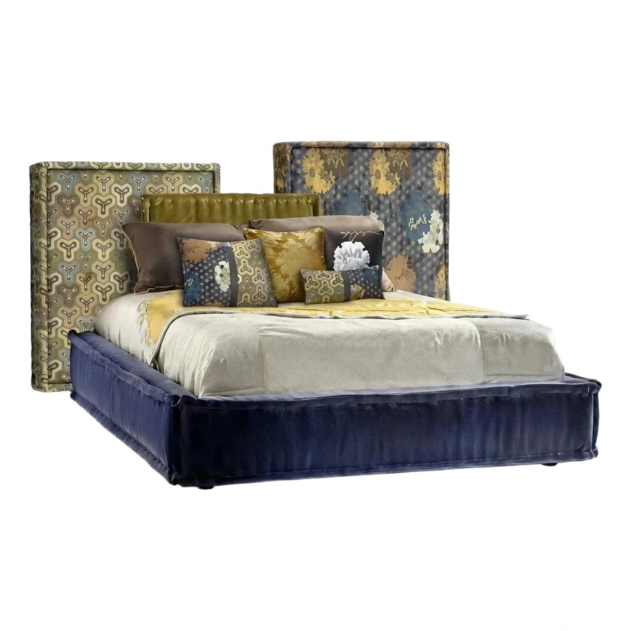 Upholstered Platform Bed with Multi-Panel Patterned Headboard