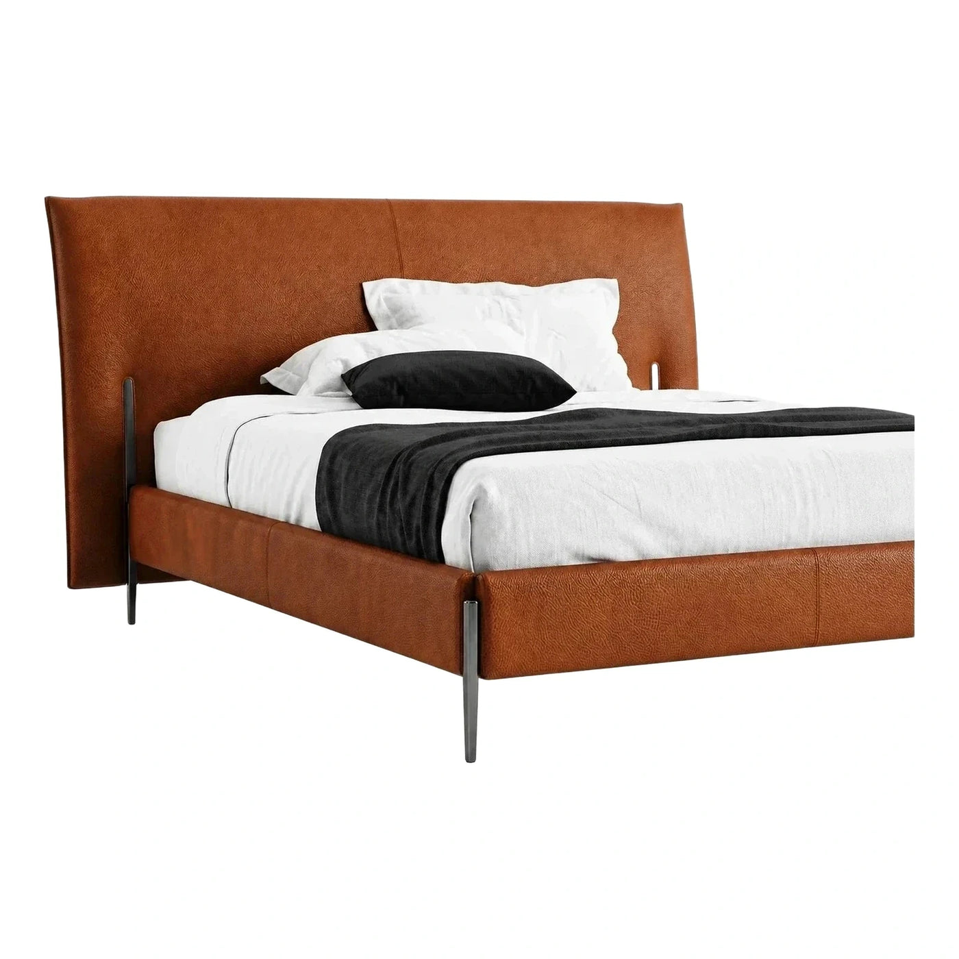 Modern Brown Leather Platform Bed with Tall Headboard