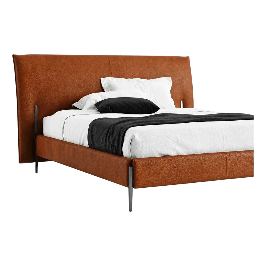 Modern Brown Leather Platform Bed with Tall Headboard