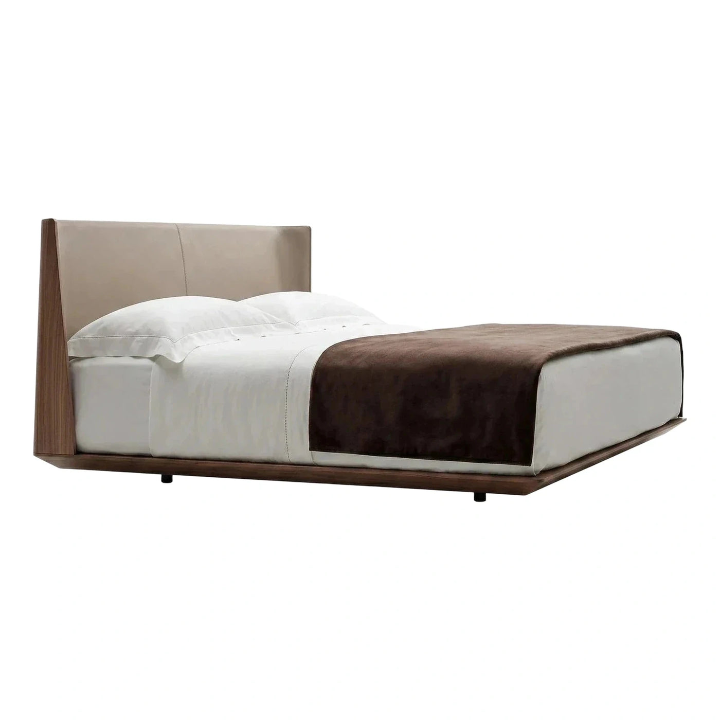 Modern Low Profile Bed with Wood and Leather Headboard