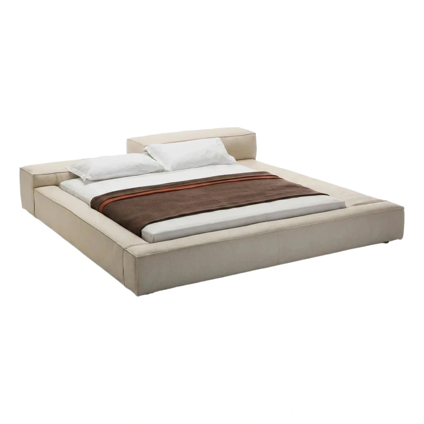 Modern Cream Leather Low Profile Platform Bed