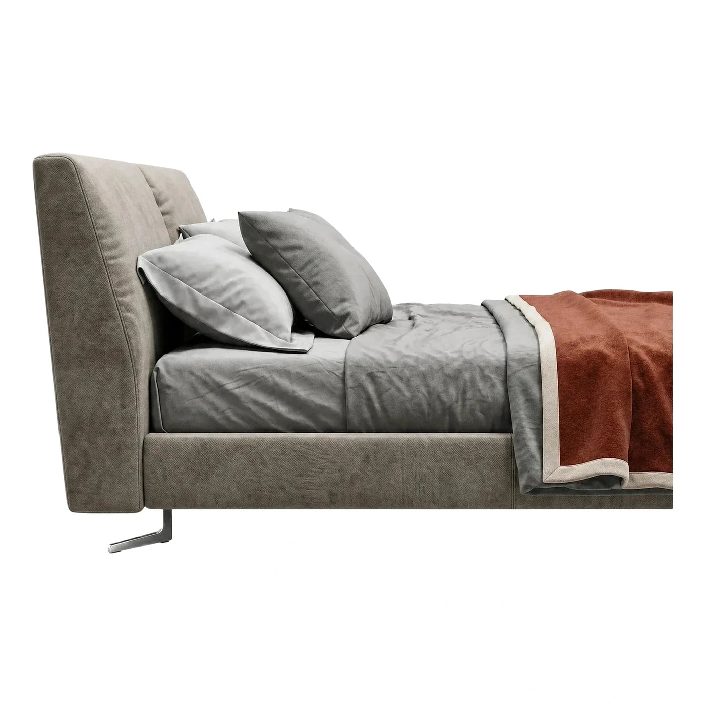 Modern Grey Upholstered Platform Bed with Metal Legs
