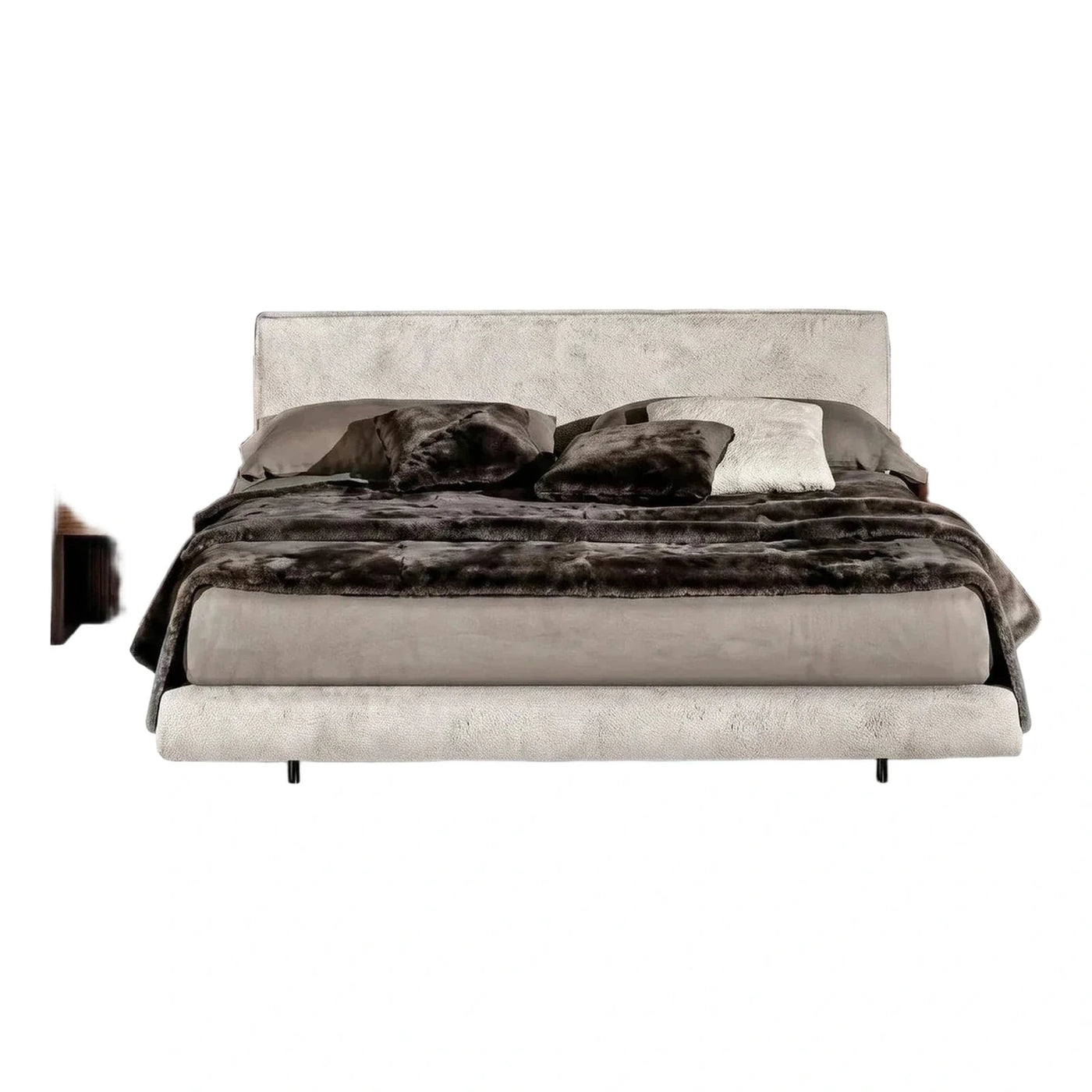 Modern Cream Upholstered Bed with Dark Wood Nightstands