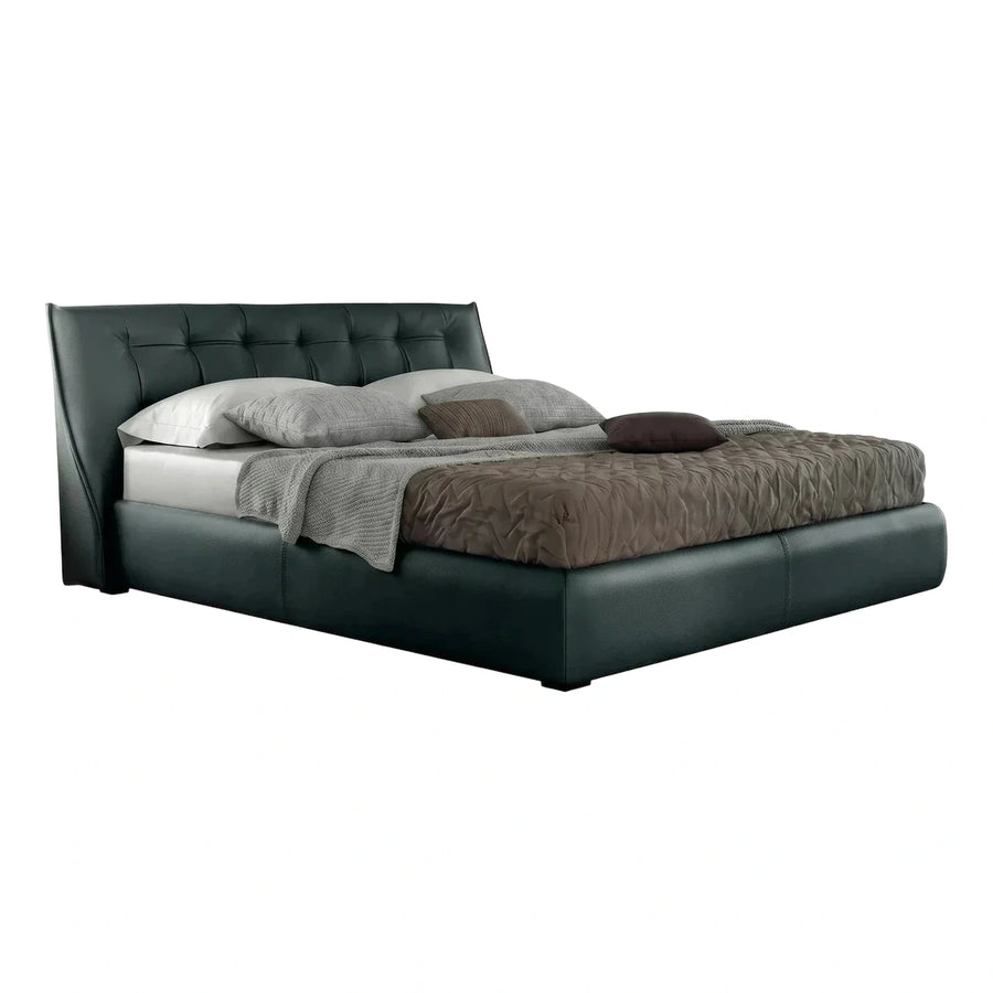 Dark Green Leather Tufted Platform Bed