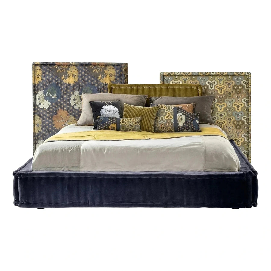 Navy Velvet Platform Bed with Asymmetrical Patterned Headboard
