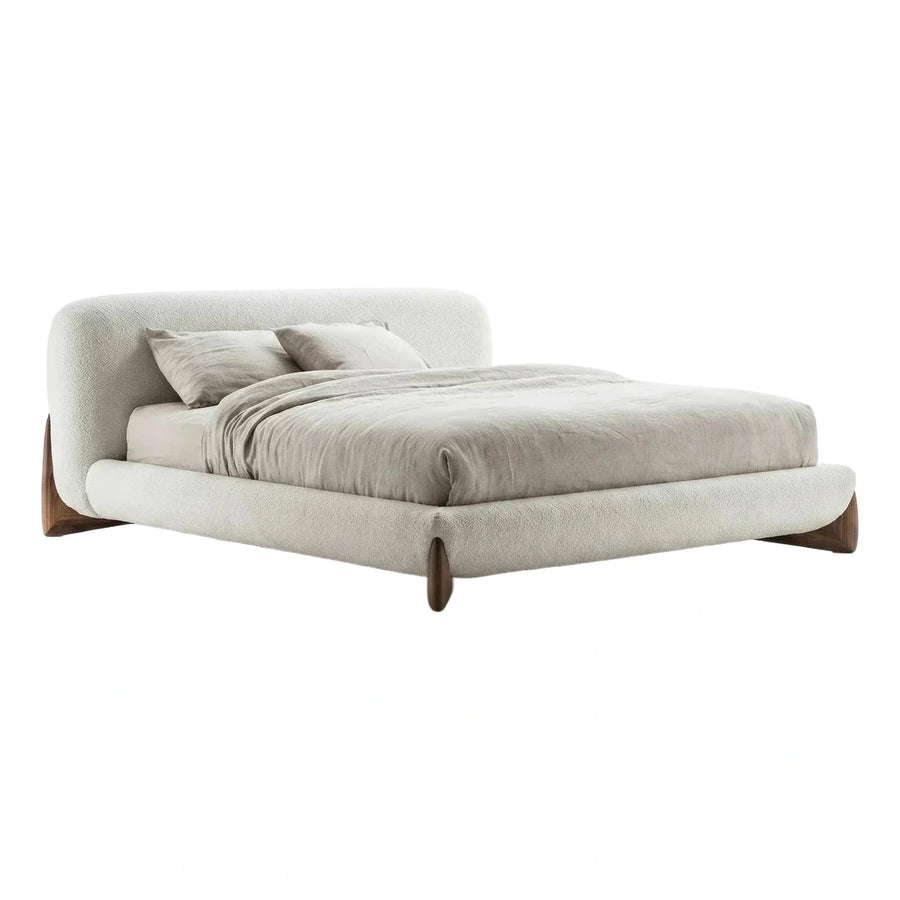 Cream Boucle Curved Platform Bed with Wood Legs