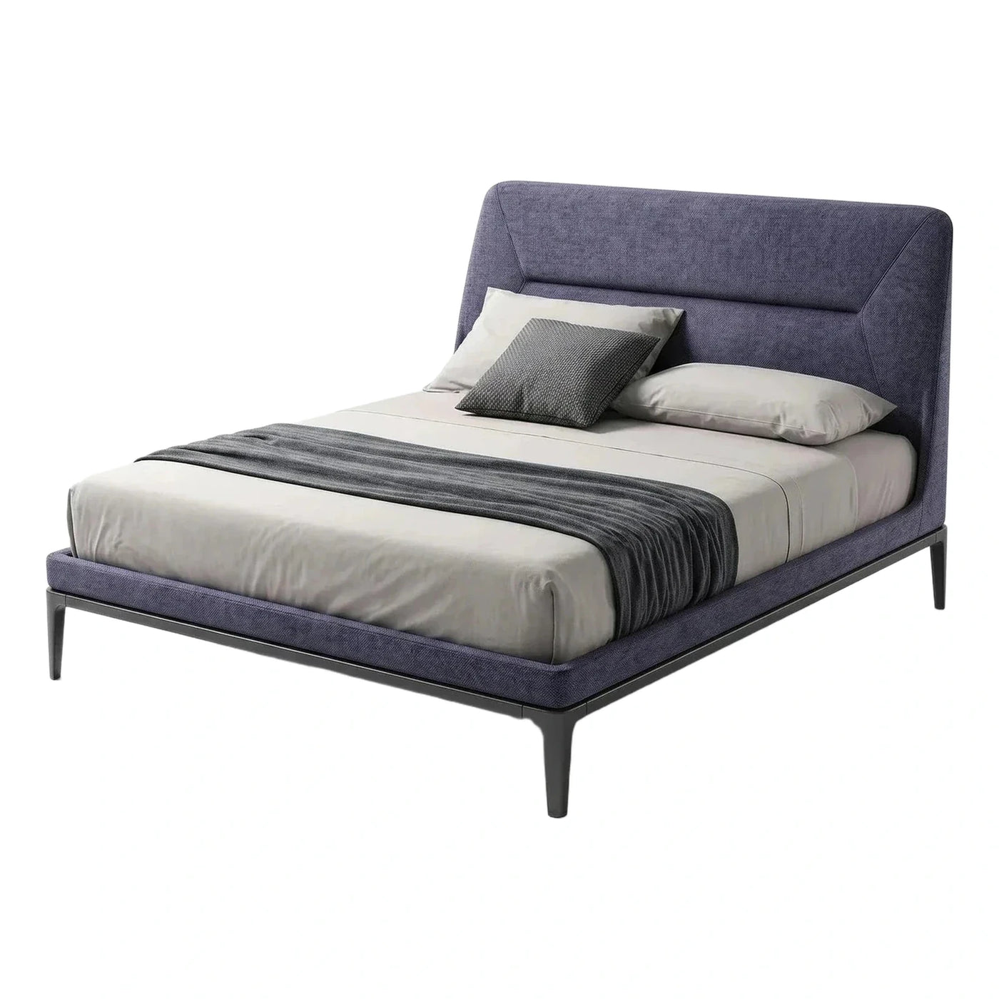 Modern Blue Upholstered Platform Bed with Metal Legs