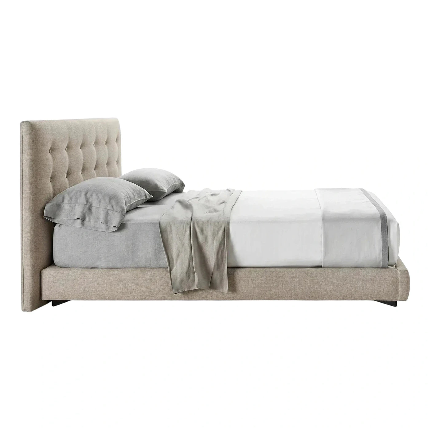Beige Upholstered Platform Bed with Tufted Headboard