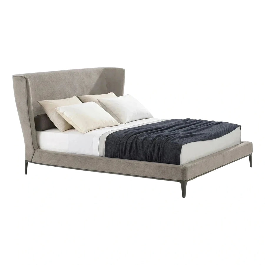 Modern Grey Upholstered Platform Bed with Winged Headboard