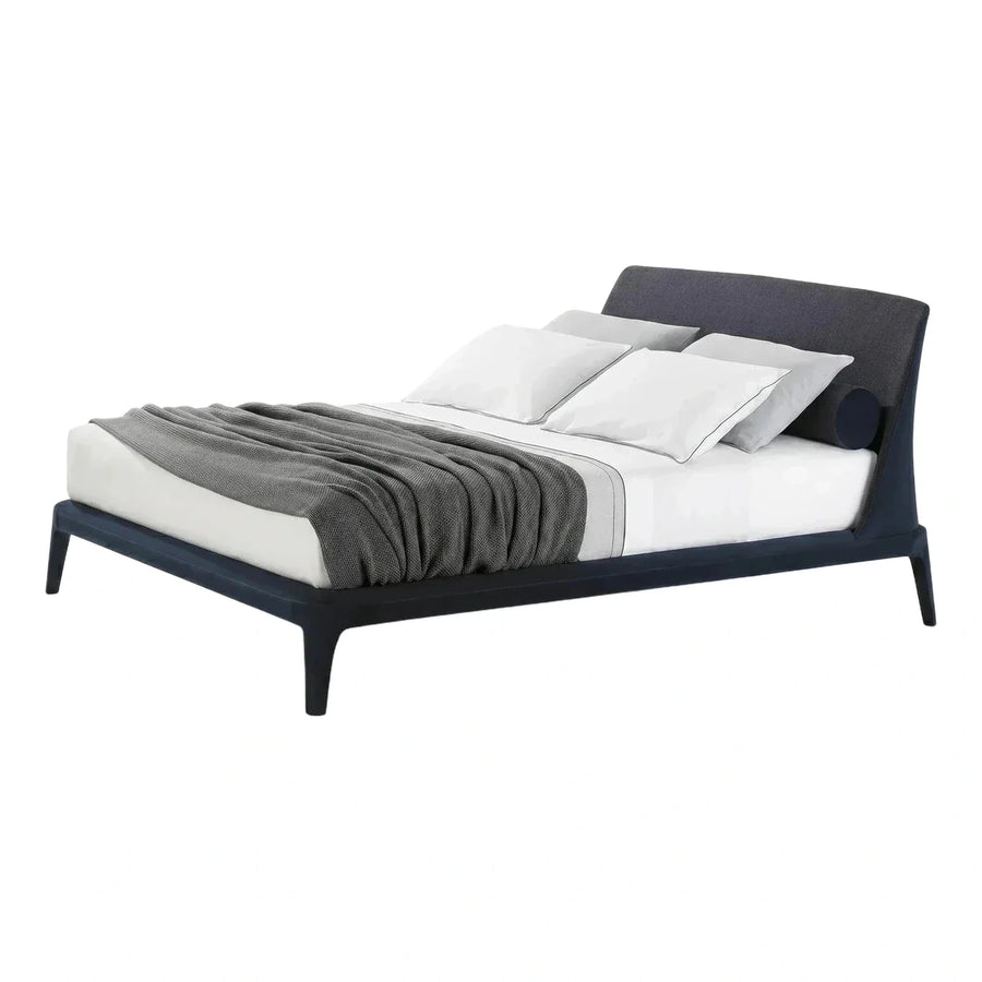 Modern Navy Blue Upholstered Platform Bed with Grey Headboard